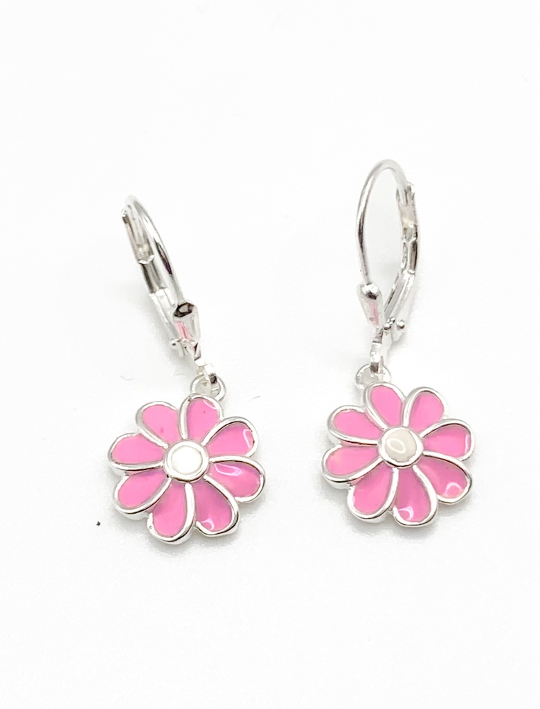 Aretes plata de aza con flor rosada esmaltada colgante