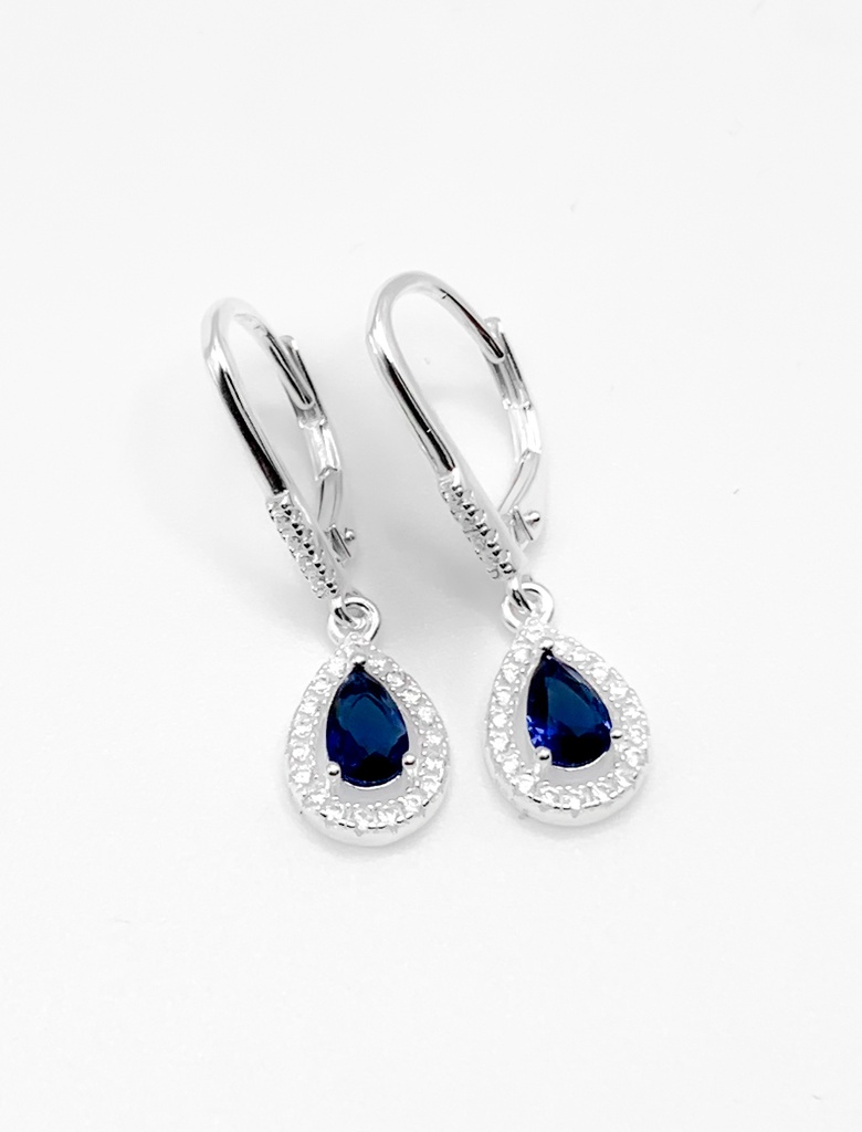 Aretes plata de asa con colgante de gota piedra azul con circones alrededor