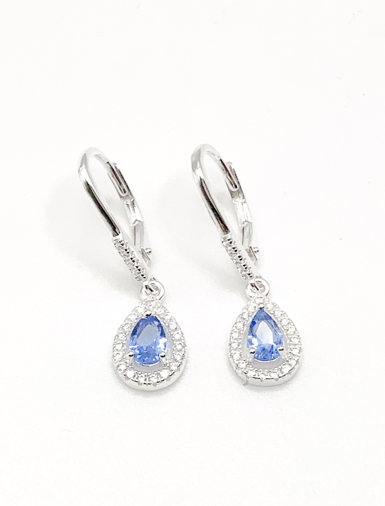 Aretes plata de asa con colgante de gota piedra celeste con circones alrededor