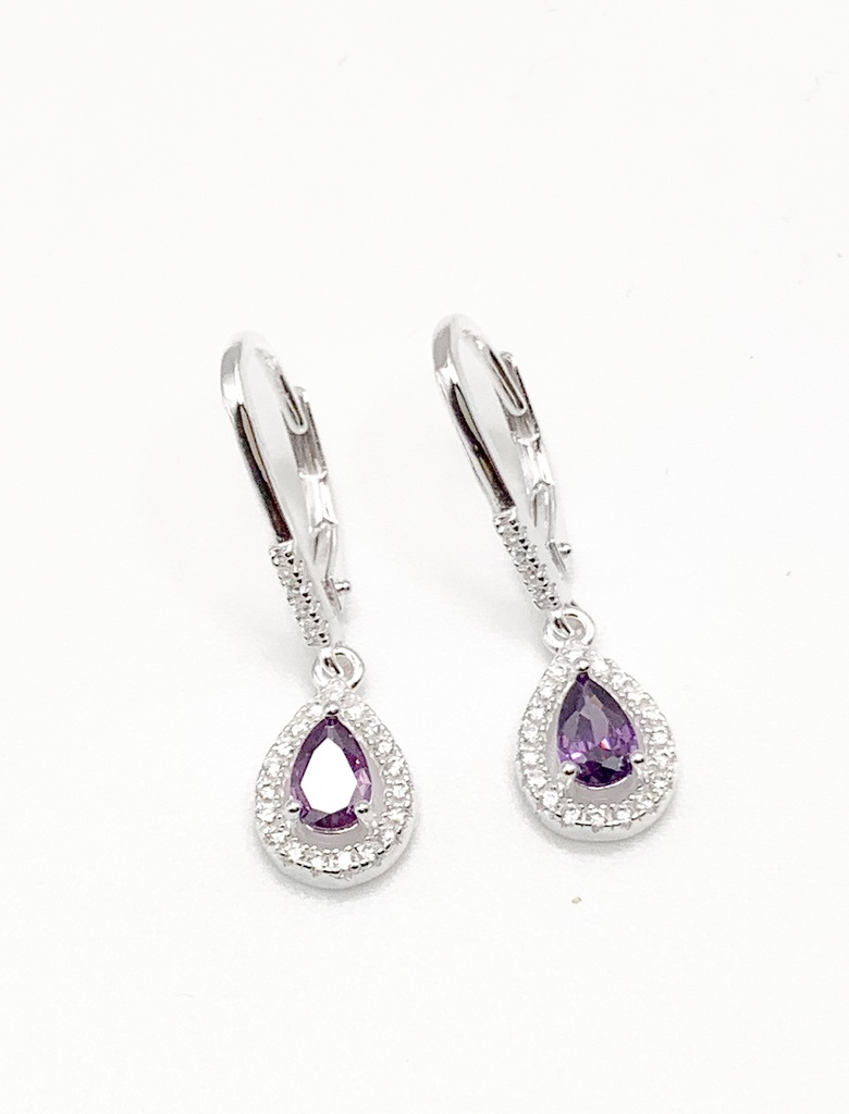 Aretes plata de asa con colgante de gota piedra morada con circones alrededor