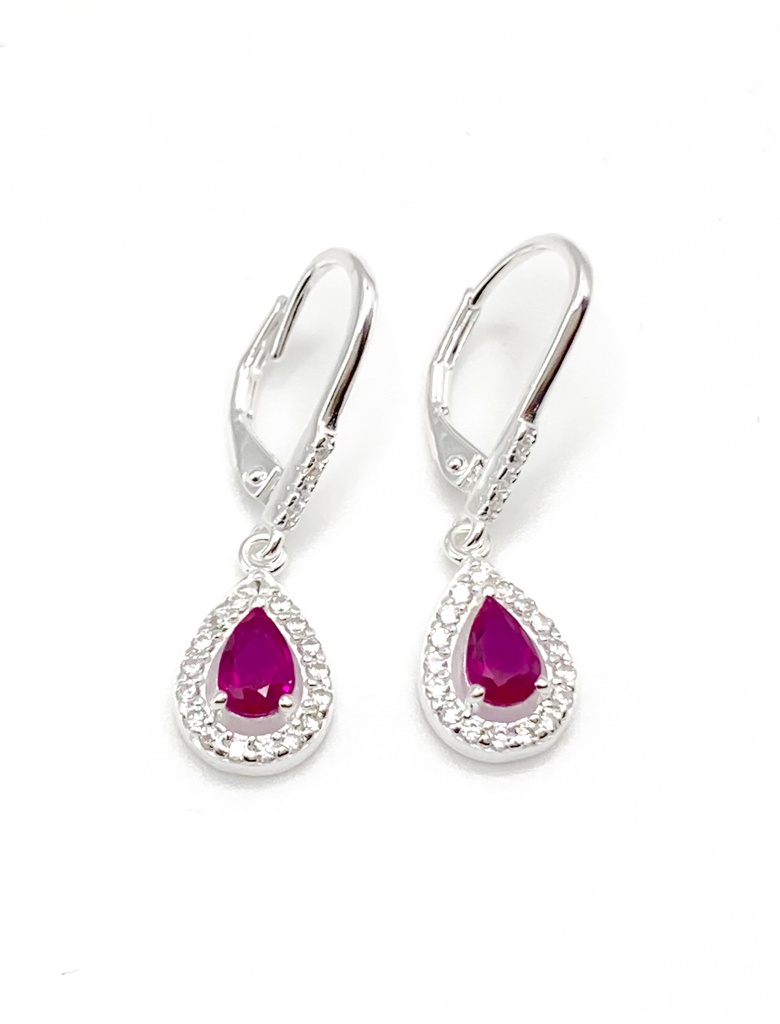 Aretes plata de asa con colgante de gota piedra fucsia con circones alrededor