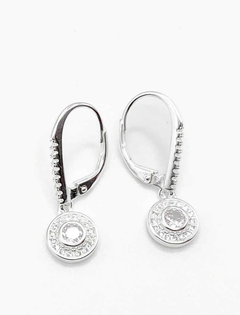 Aretes plata de asa con colgante circular blanco con circones blancos