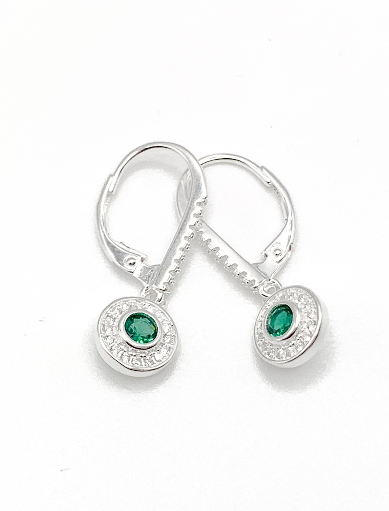 Aretes plata de asa con colgante circular verde con circones blancos