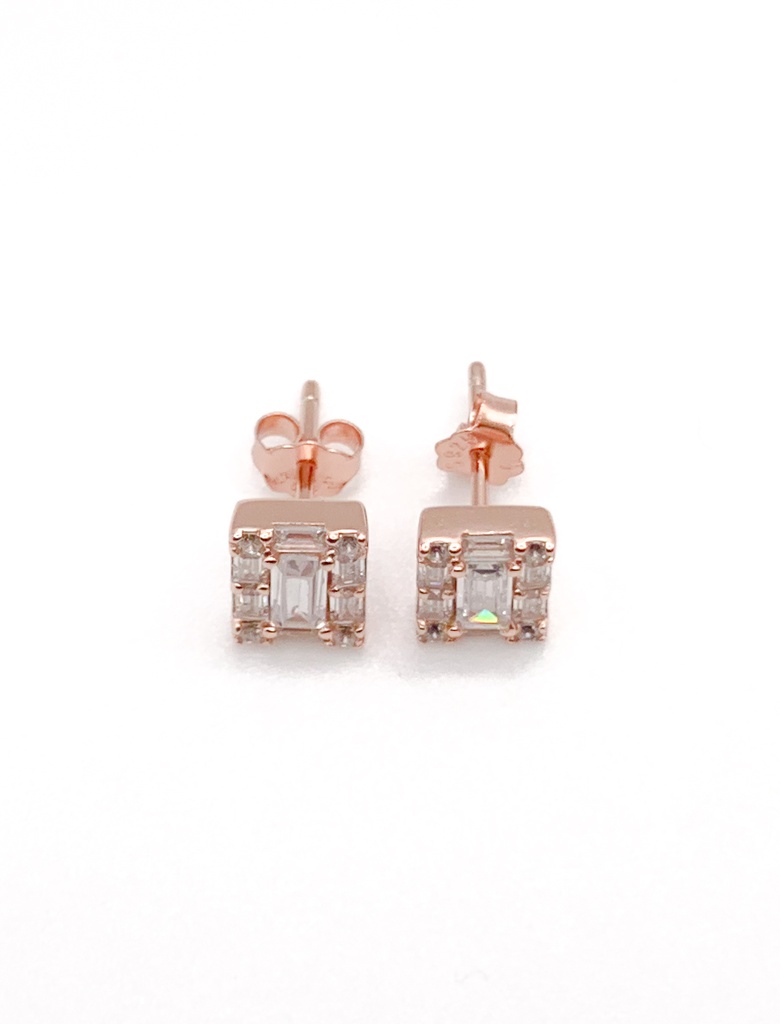 Aretes plata oro rosa rectangular piedras bagette