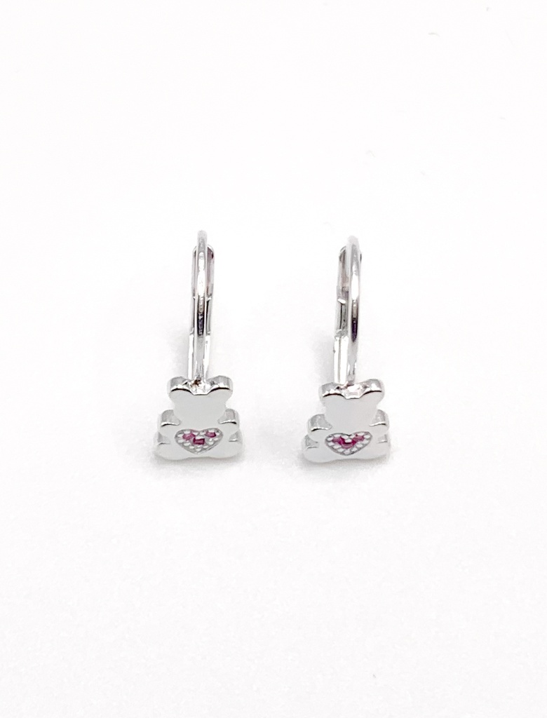 Aretes plata de asa oso liso con corazon de circon fucsia