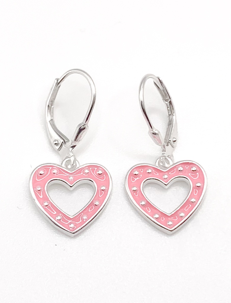 Aretes plata de asa corazon rosado vacio colgante