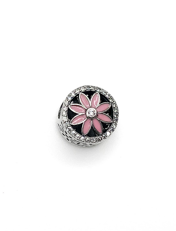 Dijes plata circulo enjoyado flor rosada