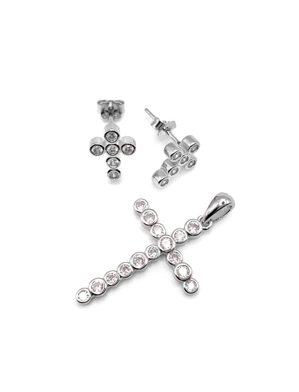 Juegos plata cruz circones blanco a presion