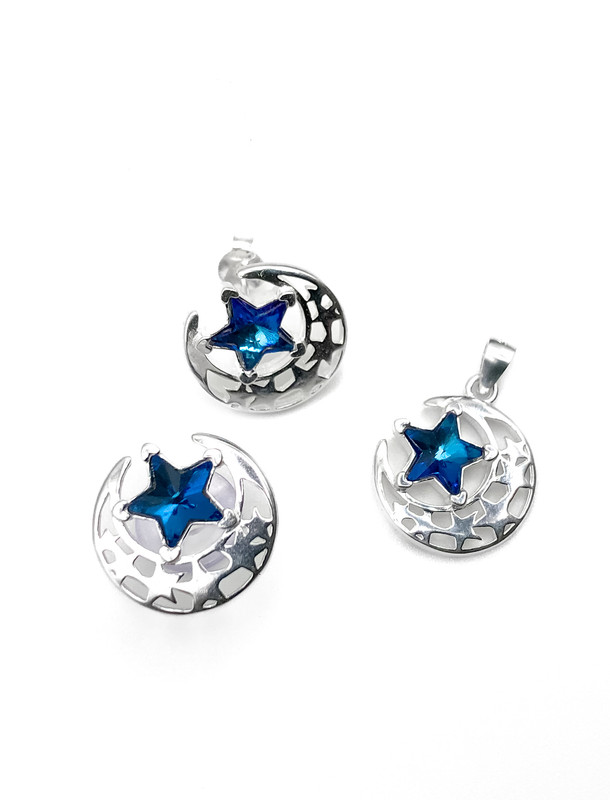 Juegos plata luna lisa y estrella turquesa a presion