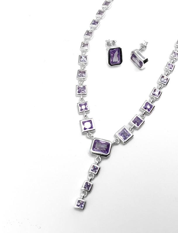 Juegos plata cuadrados collar circon lila a presion
