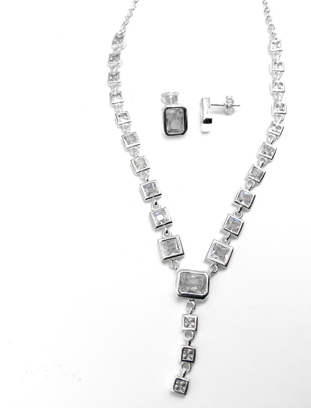 Juegos plata cuadrados collar circon blanco a presion