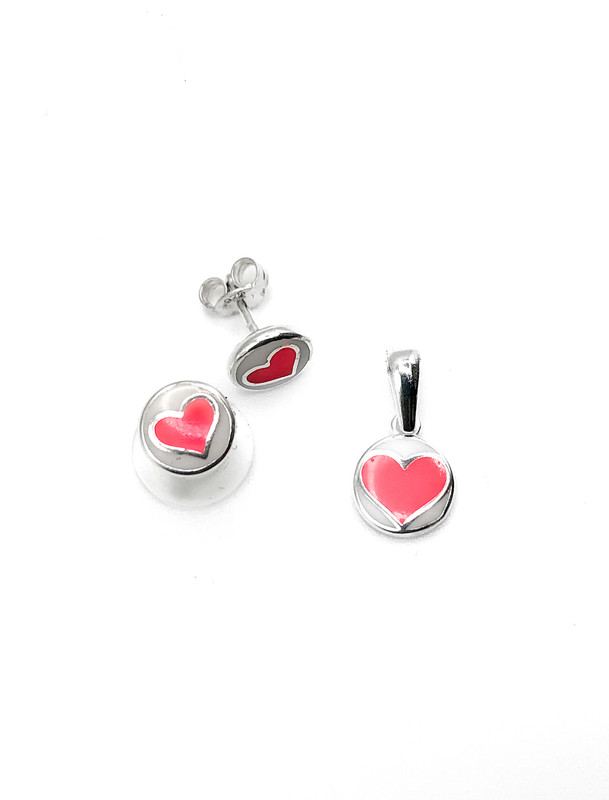 Juegos plata corazon esmaltado blanco con fuccia a presion