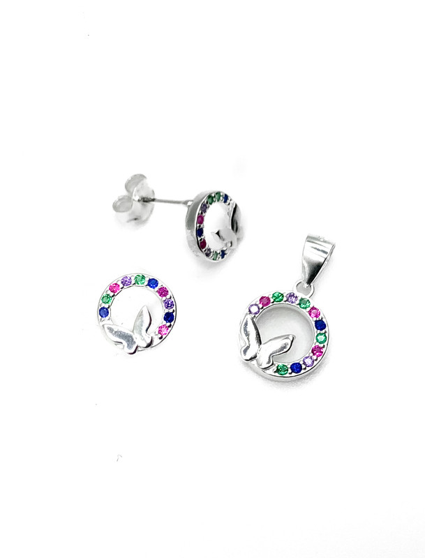 Juegos plata redondo piedra multicolor mariposa a presion