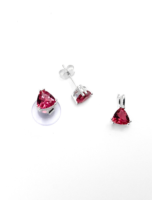 Juegos plata semitiangular piedra fuccia a presion