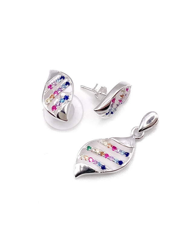 Juegos plata tipo hoja liso con circon multicolor a presion