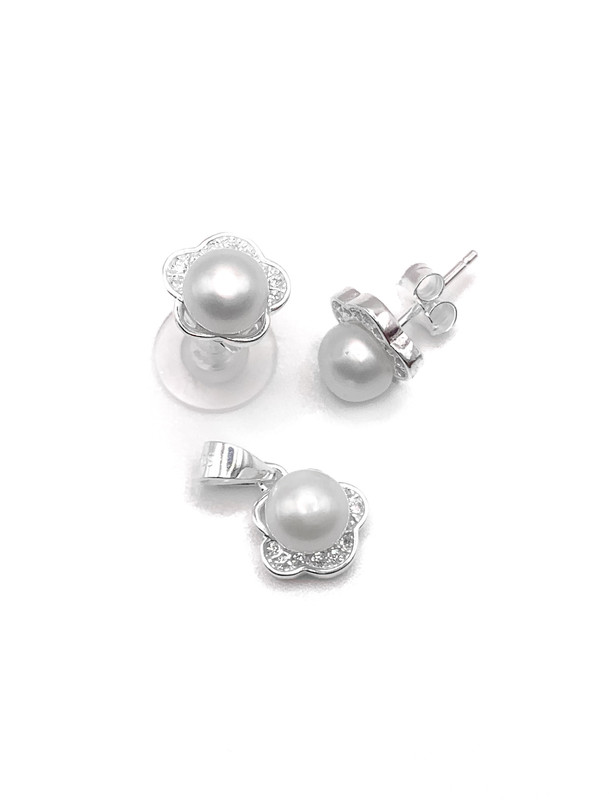 Juegos plata flor perla contorno circon a presion