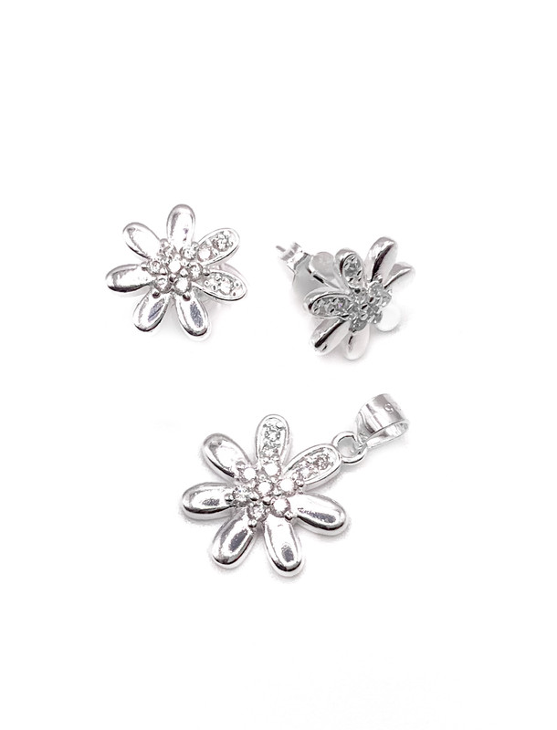 Juegos plata flor lisa circon blanca a presion