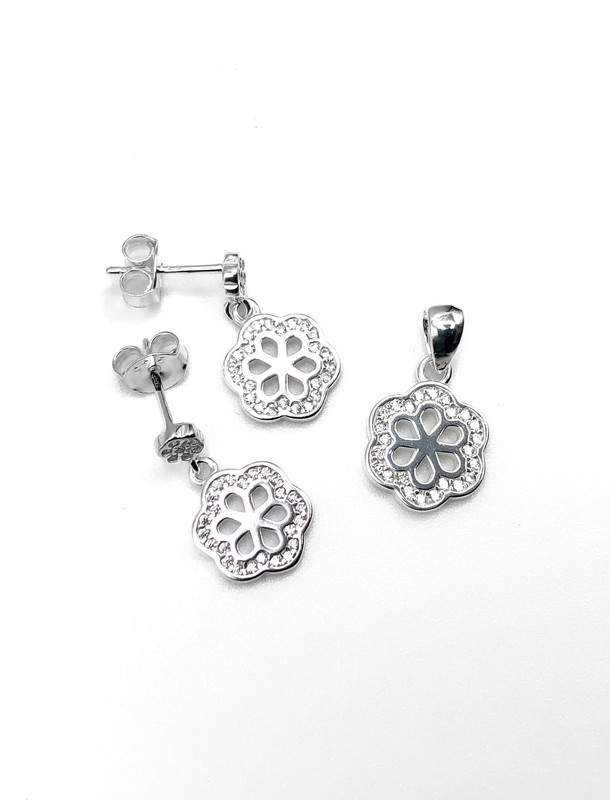 Juegos plata flor circon blanco a presion