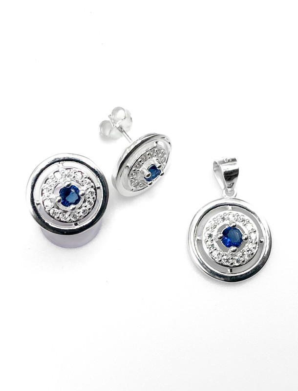 Juegos plata redondo piedra azul central a presion