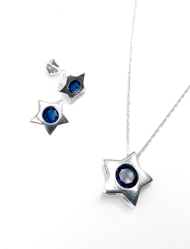 Juegos plata collar estrella circon azul a presion