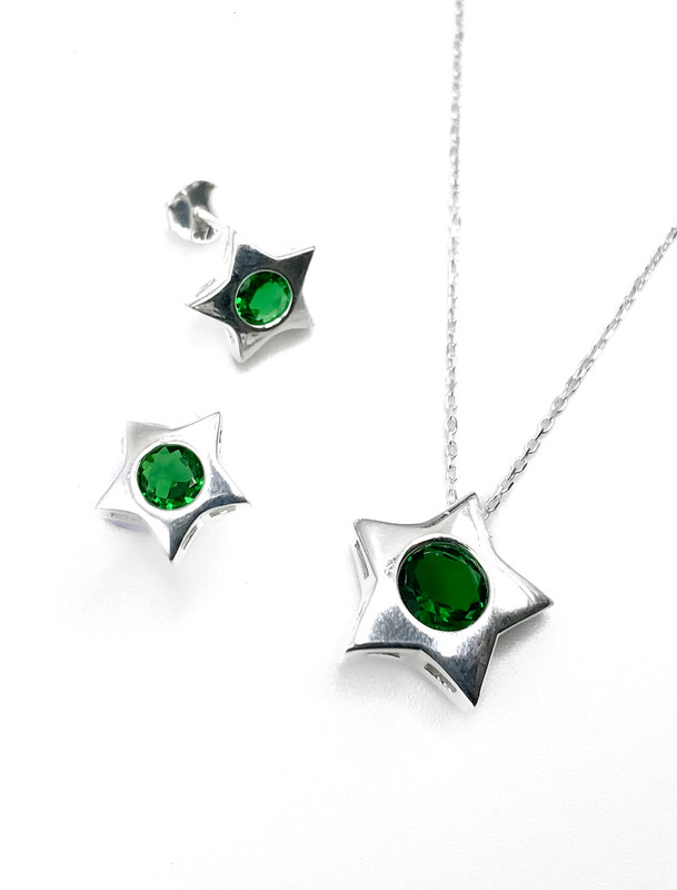 Juegos plata collar estrella circon verde a presion