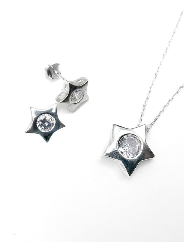 Juegos plata collar estrella circon blanco a presion