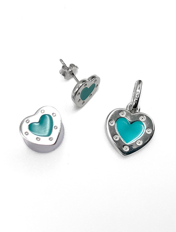 Juegos plata corazon esmaltado turquesa a presion