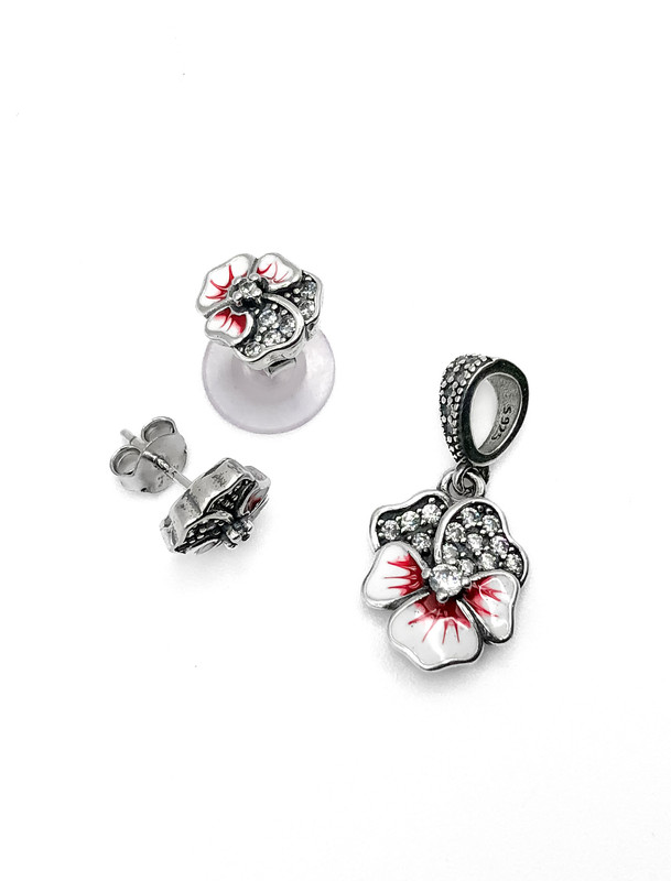 Juegos plata flor pensamiento esmaltada roja a presion