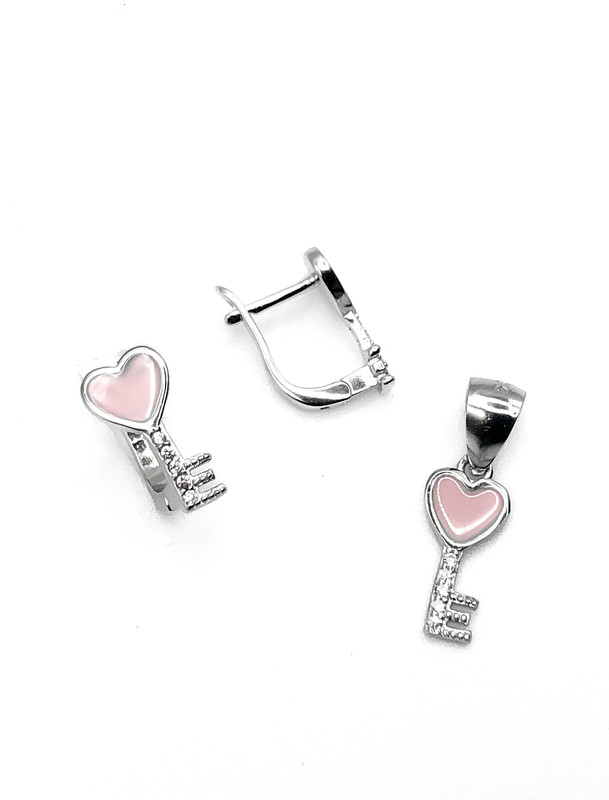 Juegos plata llave corazon esmaltado rosado circon patente