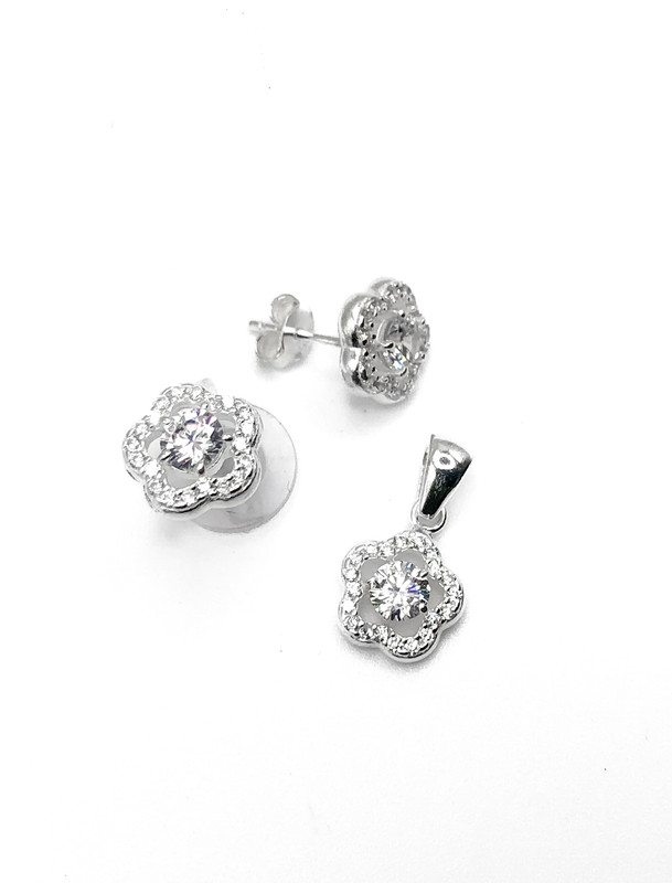 Juegos plata flor circon blanco a presion