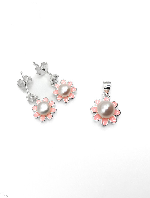 Juegos plata flor petalos rosados perla central a presion