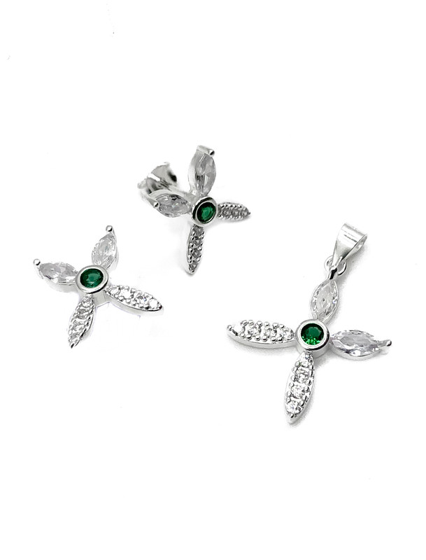 Juegos plata cruz circon verde central a presion