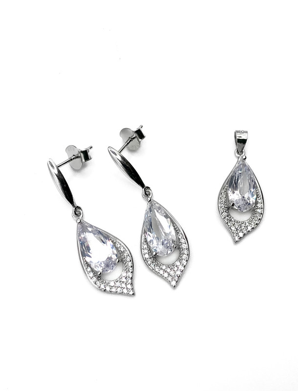 Juegos plata gota blanco punta circon largo a presion