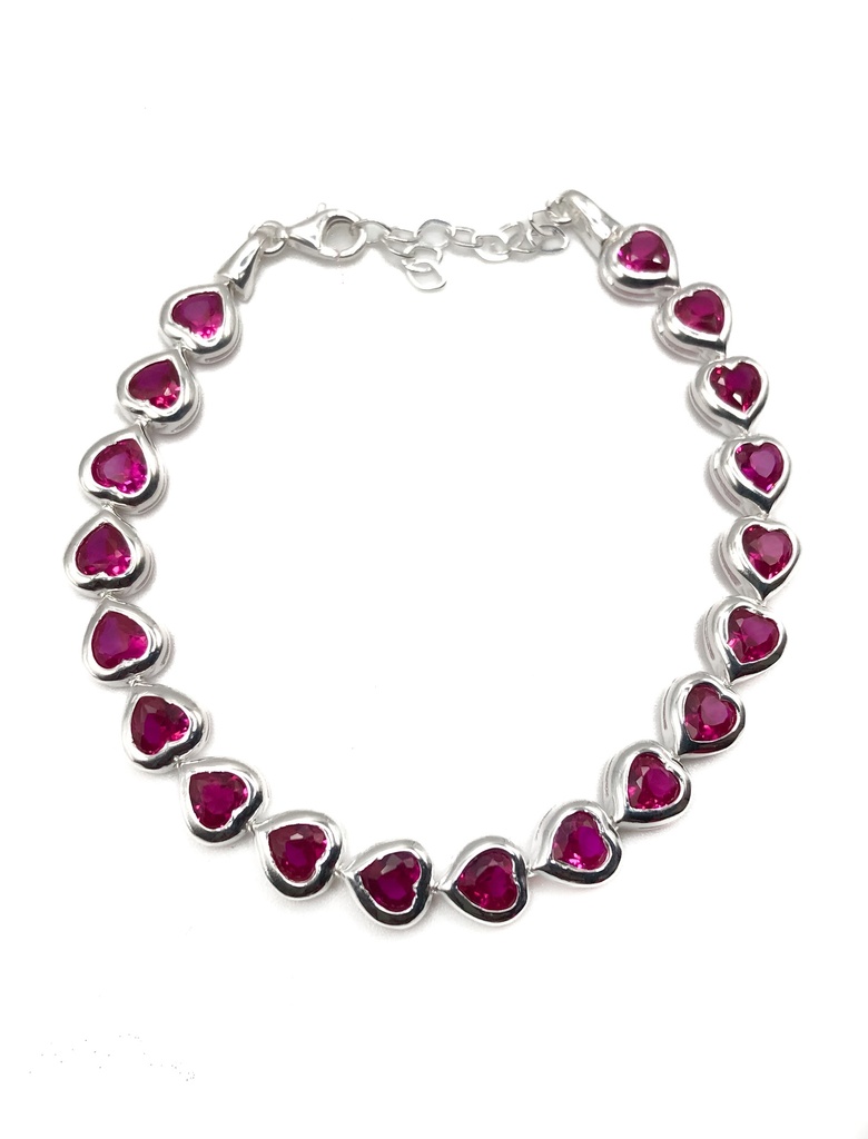 Pulseras plata corazones piedras fucsias