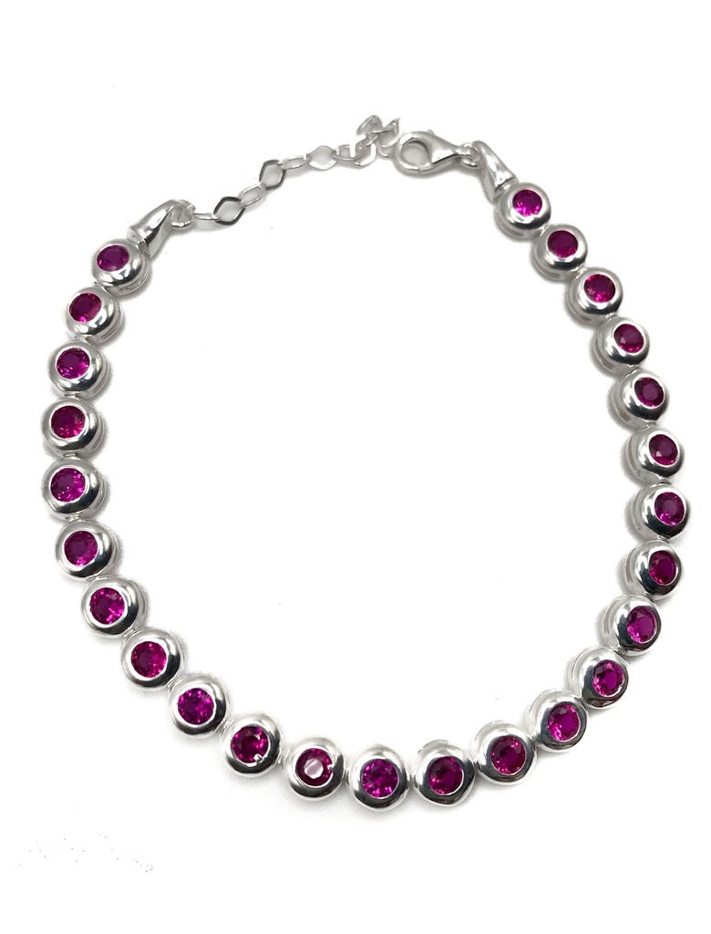 Pulseras plata círculos piedra fucsia