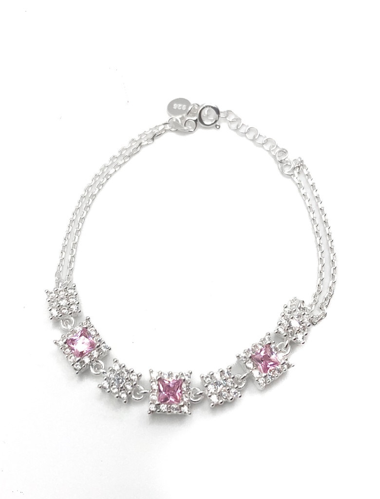 Pulseras plata cuadrados con circón cuadrado rosa y enjoye