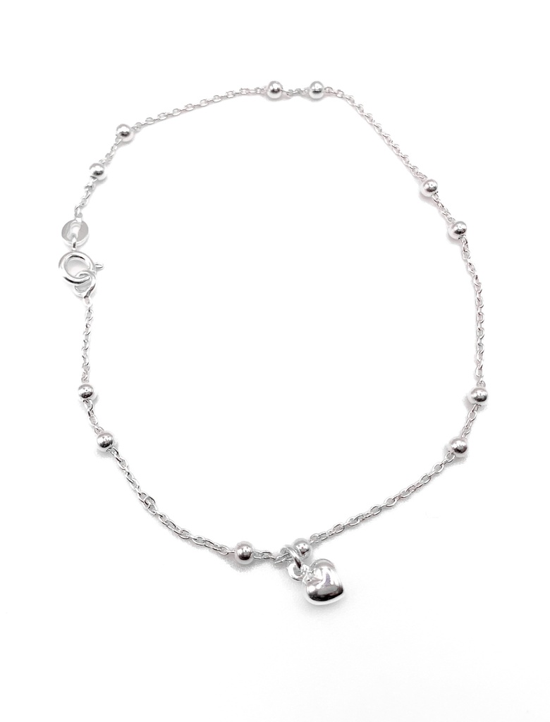 Pulseras plata Tobillera corazones y bolitas colgantes