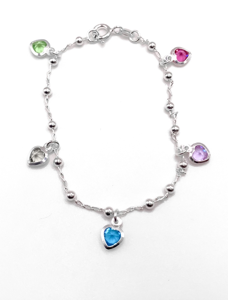 Pulseras plata corazones de piedras multicolores colgantes