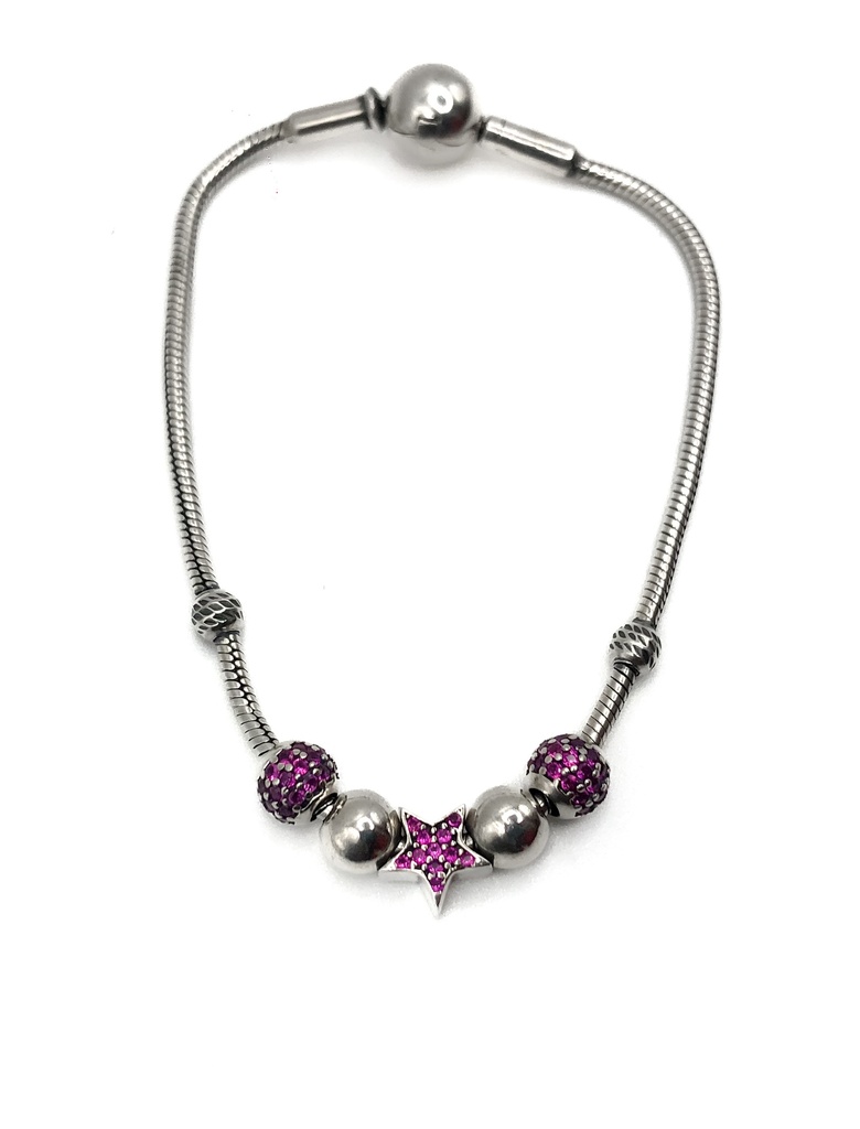 Pulseras plata dijes estrella y bolas de fuego fucsias