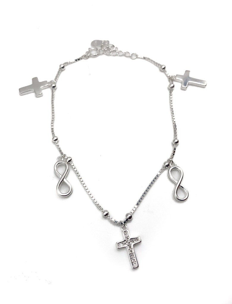 Pulseras plata cruces e infinitos colgantes
