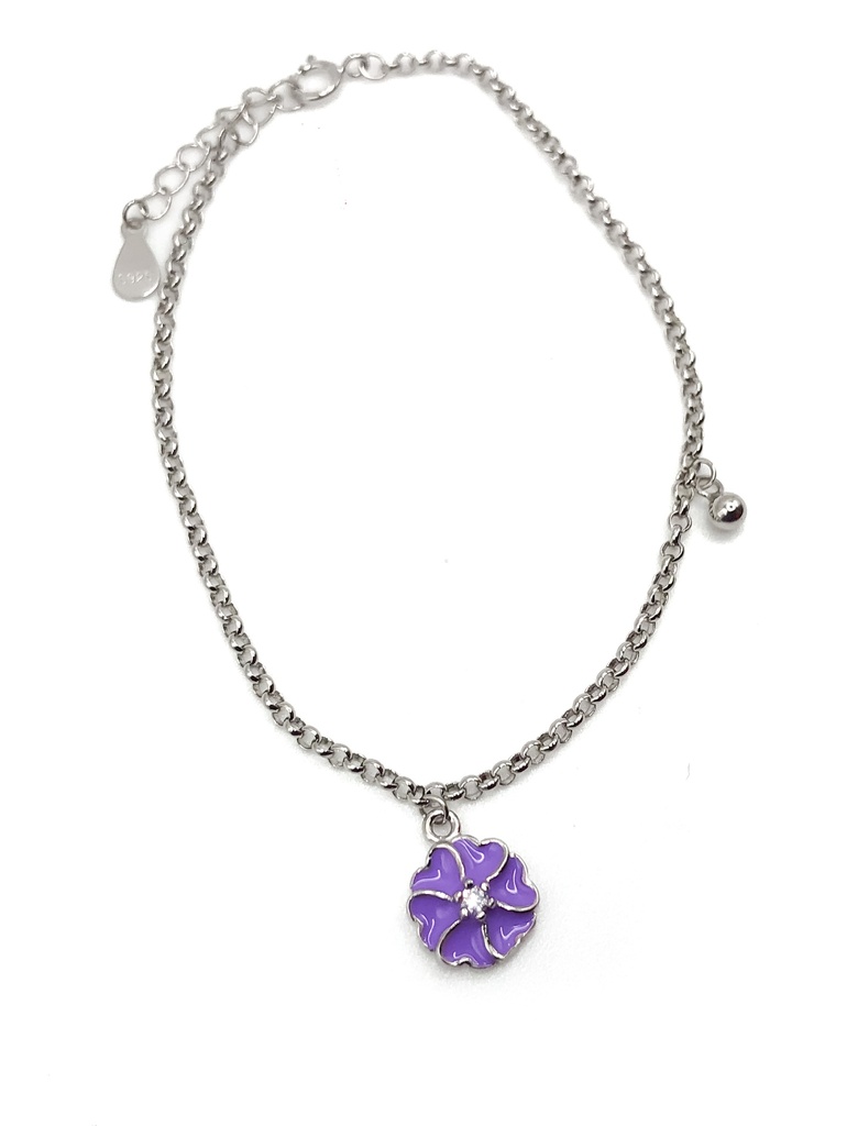 Pulseras plata flor esmaltada morada pétalo corazón