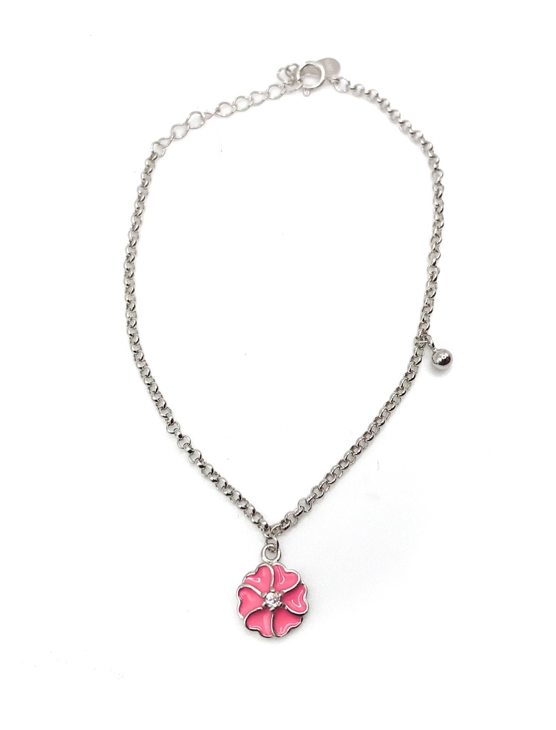 Pulseras plata flor esmaltada rosada pétalo corazón