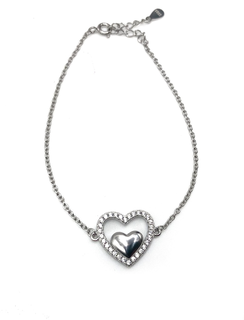 Pulseras plata corazón grande de piedras y corazón pequeño liso