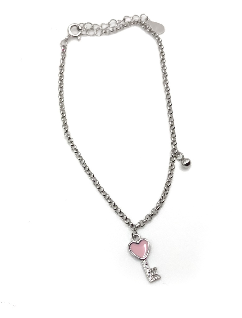 Pulseras plata llave de corazón esmaltado rosa