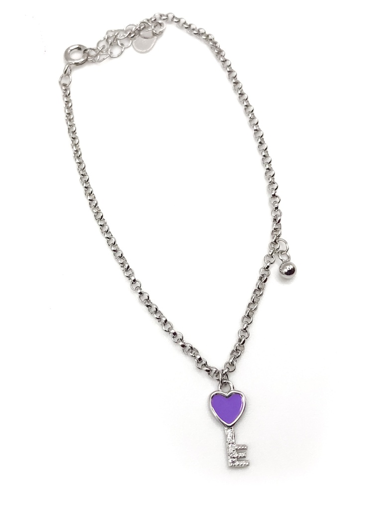 Pulseras plata llave de corazón esmaltado morada