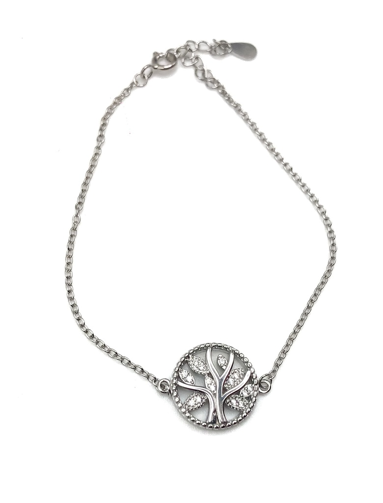 Pulseras plata árbol de la vida mediano con piedras blancas en hojas