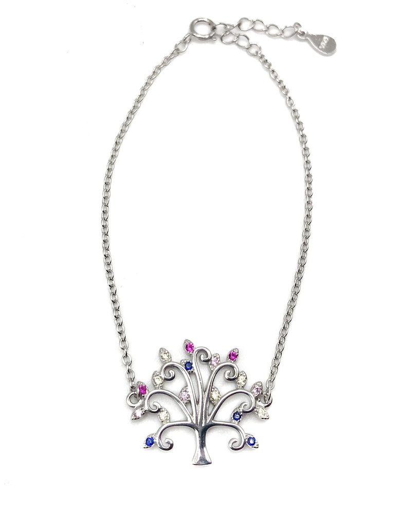 Pulseras plata árbol de la vida con piedras de colores en hojas