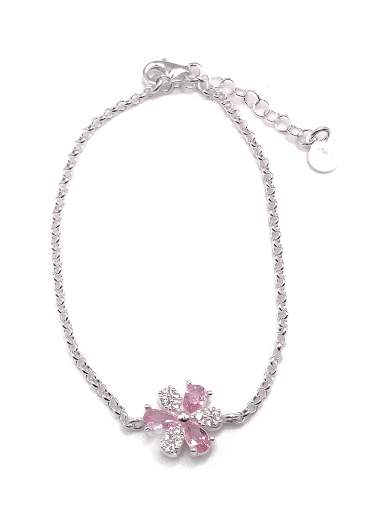 Pulseras plata flor piedras rosadas y blancas