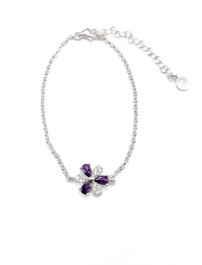 Pulseras plata flor piedras moradas y blancas