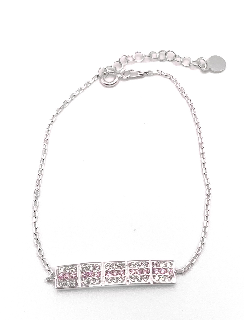 Pulseras plata línea de rectángulos con enjoye en rosado y blanco